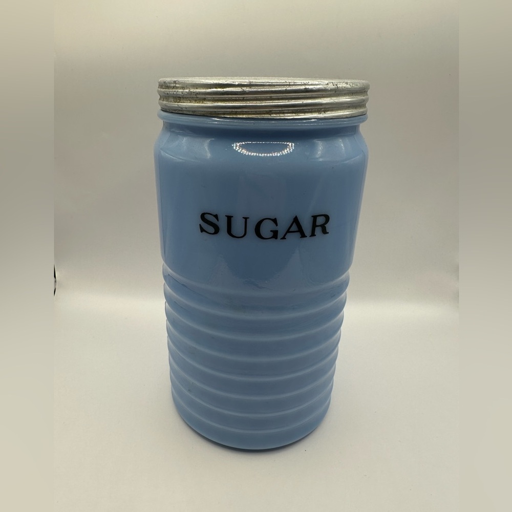 *RARE*  vintage Jeanette glass Delphite blue ribbed sugar canister zinc lid